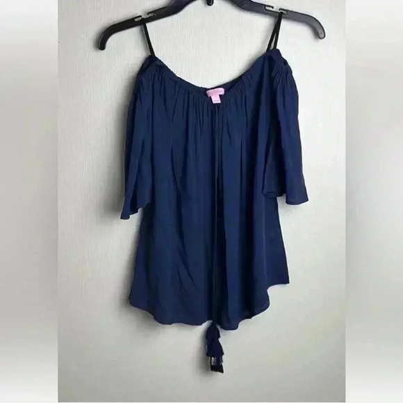 lilly pulitzer S navy blue off the shoulder flutter sleeve top - Picture 1 of 6